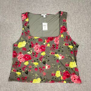 NEW! Bar III Floral Tank Top Plus 2X Reanna Rose Square neck Stretch Polyester &